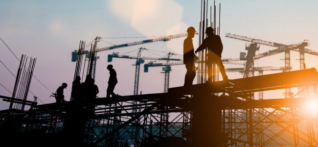 Silhouette of engineer and construction team working at site over blurred background sunset pastel for industry background with Light fair.Create from multiple reference images together.