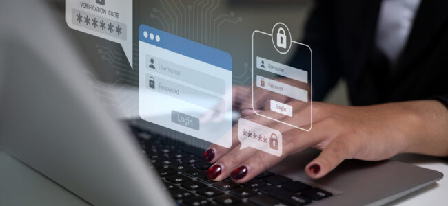 Data protection and online privacy showing secure login process with futuristic digital interface